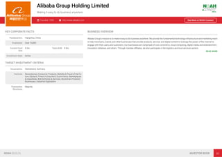 Alibaba Group Holding Limited
Making it easy to do business anywhere.
Founded: 1999 http://www.alibaba.com See More at NOAH Connect
KEY CORPORATE FACTS
Headquarters Hangzhou, China
Employees Over 10,000
Current Fund
Size
€ 0m Total AUM € 0m
Investment Style Active
TARGET INVESTMENT CRITERIA
Geographies Switzerland, Germany
Verticals Revolutionary Consumer Products, Mobility & Travel of the Fu-
ture, Edutech, Fintech & Insurtech, Ecommerce, Marketplaces
& Classiﬁeds, B2B Software & Services, Blockchain-Powered
Businesses, Industrial Digitisation
Transaction
Structures
Majority
BUSINESS OVERVIEW
Alibaba Group’s mission is to make it easy to do business anywhere. We provide the fundamental technology infrastructure and marketing reach
to help merchants, brands and other businesses that provide products, services and digital content to leverage the power of the Internet to
engage with their users and customers. Our businesses are comprised of core commerce, cloud computing, digital media and entertainment,
innovation initiatives and others. Through investee aﬃliates, we also participate in the logistics and local services sectors.
READ MORE
NOAH BERLIN INVESTOR BOOK 85
 