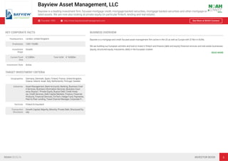 Bayview Asset Management, LLC
Bayview is a leading investment ﬁrm, focused mortgage credit, mortgage-backed securities, mortgage backed securities and other mortgage-re-
lated assets. We are now also looking at private equity (in particular ﬁntech, lending and real estate).
Founded: 1993 http://www.bayviewassetmanagement.com See More at NOAH Connect
KEY CORPORATE FACTS
Headquarters London, United Kingdom
Employees 1,001-10,000
Investment
Stage
Growth
Current Fund
Size
€ 2,500m Total AUM € 14,000m
Investment Style Active
TARGET INVESTMENT CRITERIA
Geographies Germany, Denmark, Spain, Finland, France, United Kingdom,
Greece, Ireland, Israel, Italy, Netherlands, Portugal, Sweden
Industries Asset Management, Bank Accounts, Banking, Business Cred-
it Services, Business Information Services, Business Insur-
ance, Buyout / Private Equity, Buyout Debt, Credit Analy-
sis, Credit Services, Debt Capital Markets, Finance, Financial
Products, Financial Services, FinTech, Hedge Fund, Payments,
Peer-to-Peer Lending, Travel Channel Manager, Corporate Fi…
Verticals Fintech & Insurtech
Transaction
Structures
Growth Capital, Majority, Minority, Private Debt, Structured Eq-
uity
BUSINESS OVERVIEW
Bayview is a mortgage and credit focused asset management ﬁrm active in the US as well as Europe with $14bn in AUMs.

We are building our European activites and look to invest in ﬁntech and ﬁnance (debt and equity) ﬁnancial services and real estate businesses
(equity, structured equity, mezzanine, debt) in the European market.
READ MORE
NOAH BERLIN INVESTOR BOOK 8
 