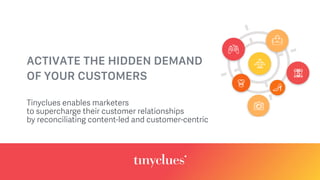 ACTIVATE THE HIDDEN DEMAND
OF YOUR CUSTOMERS
Tinyclues enables marketers
to supercharge their customer relationships
by reconciliating content-led and customer-centric
 