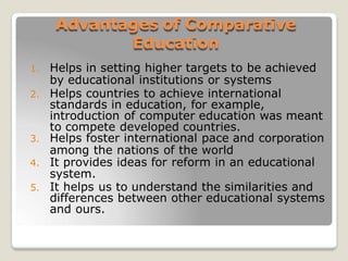 1. Helps in setting higher targets to be achieved
by educational institutions or systems
2. Helps countries to achieve international
standards in education, for example,
introduction of computer education was meant
to compete developed countries.
3. Helps foster international pace and corporation
among the nations of the world
4. It provides ideas for reform in an educational
system.
5. It helps us to understand the similarities and
differences between other educational systems
and ours.
Advantages of Comparative
Education
 