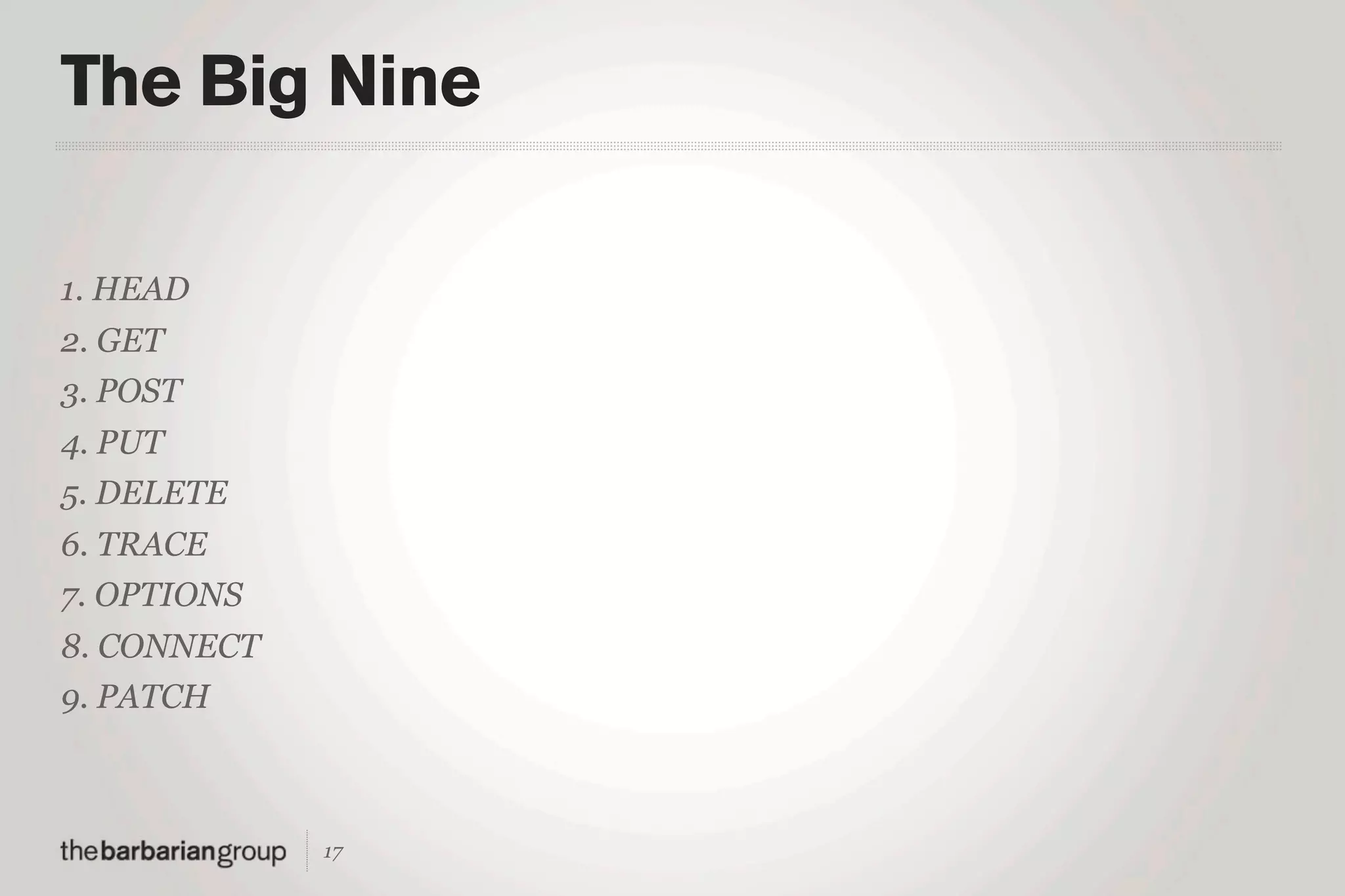 The Big Nine

1. HEAD
2. GET
3. POST
4. PUT
5. DELETE
6. TRACE
7. OPTIONS
8. CONNECT
9. PATCH



             17
 