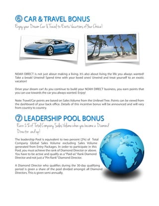 !
!
!
!
!
!
!
!
!
!
!
!
!
!
!
!
!
!
!
!
!
!
!
!
The leadership Pool is equivalent to two percent (2%) of Total
Company Global Sales Volume excluding Sales Volume
generated from Entry Packages. In order to participate in this
Pool, you must achieve the rank of Diamond Director or above.
You have to be active and qualify as a “Paid-as” Rank Diamond
Director and not just a“Pin Rank”Diamond Director.
!
A Diamond Director who qualifies during the 30-day qualifying
period is given a share of the pool divided amongst all Diamond
Directors. This is given semi-annually.
!
EnjoyyourDreamCar&TraveltoExoticVacationsofYourChoice!
CAR & TRAVEL BONUS
LEADERSHIP POOL BONUS
Earn2%of TotalCompanySalesVolumewhenyoubecomeaDiamond
Director andup!
NOAH DIRECT is not just about making a living. It’s also about living the life you always wanted!
Take a break! Unwind! Spend time with your loved ones! Unwind and treat yourself to an exotic
vacation!
!
Drive your dream car! As you continue to build your NOAH DIRECT business, you earn points that
you can use towards the car you always wanted. Enjoy!
!
Note: Travel/Car points are based on Sales Volume from the Unilevel Tree. Points can be viewd from
the dashboard of your back oﬃce. Details of this incentive bonus will be announced and will vary
from country to country.
 
