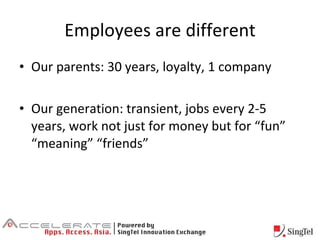 Employees are different Our parents: 30 years, loyalty, 1 company Our generation: transient, jobs every 2-5 years, work not just for money but for “fun” “meaning” “friends” 