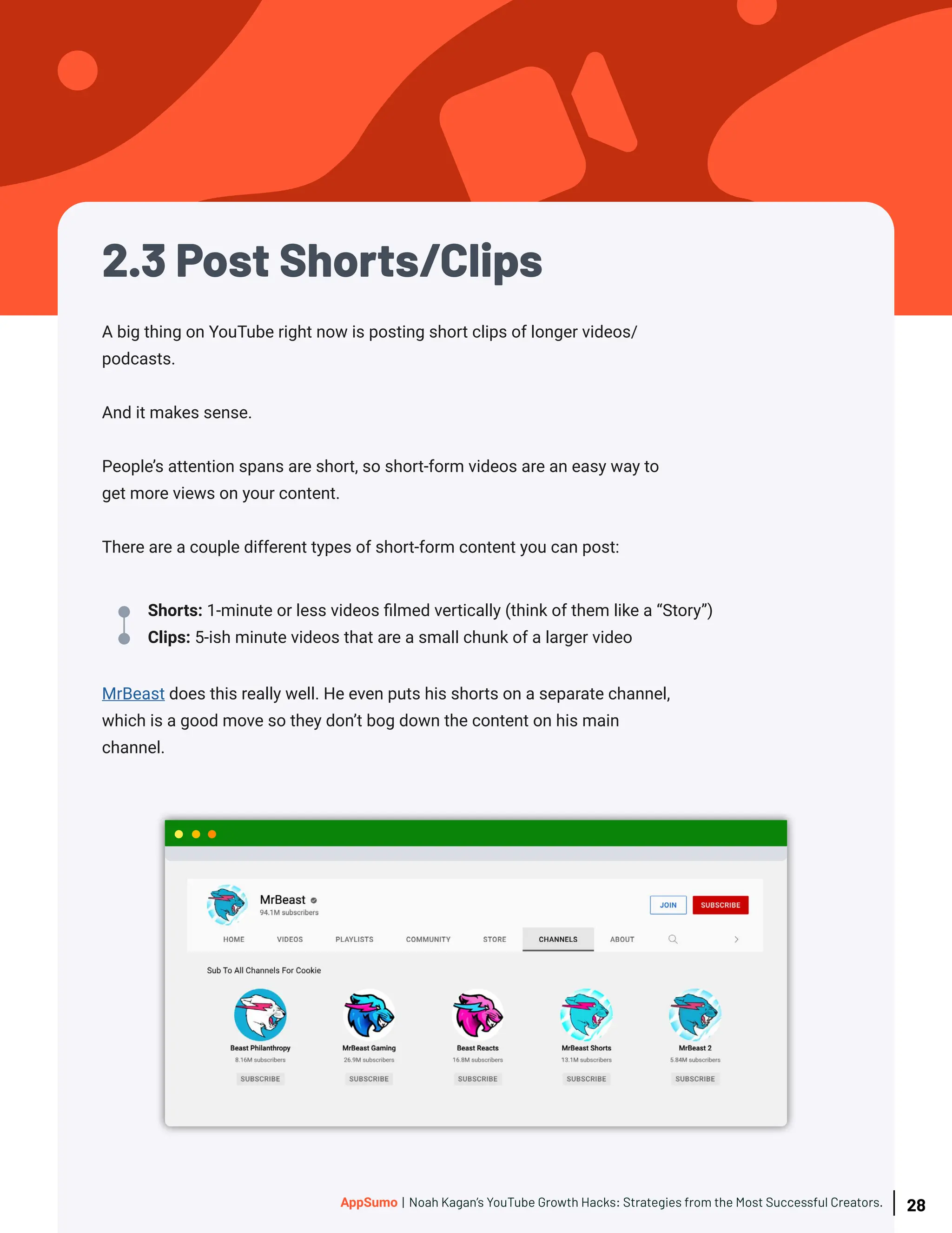 2.3 Post Shorts/Clips
MrBeast does this really well. He even puts his shorts on a separate channel,
which is a good move so they don’t bog down the content on his main
channel.
Shorts: 1-minute or less videos filmed vertically (think of them like a “Story”)
Clips: 5-ish minute videos that are a small chunk of a larger video
A big thing on YouTube right now is posting short clips of longer videos/
podcasts.
And it makes sense.
People’s attention spans are short, so short-form videos are an easy way to
get more views on your content.
There are a couple different types of short-form content you can post:
28
AppSumo | Noah Kagan’s YouTube Growth Hacks: Strategies from the Most Successful Creators.
 