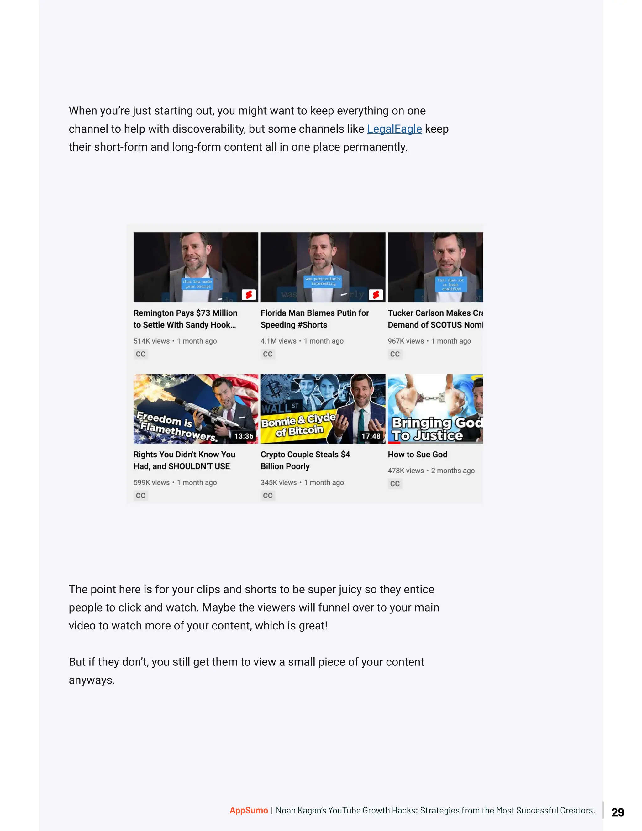 When you’re just starting out, you might want to keep everything on one
channel to help with discoverability, but some channels like LegalEagle keep
their short-form and long-form content all in one place permanently.
The point here is for your clips and shorts to be super juicy so they entice
people to click and watch. Maybe the viewers will funnel over to your main
video to watch more of your content, which is great!
But if they don’t, you still get them to view a small piece of your content
anyways.
29
AppSumo | Noah Kagan’s YouTube Growth Hacks: Strategies from the Most Successful Creators.
 