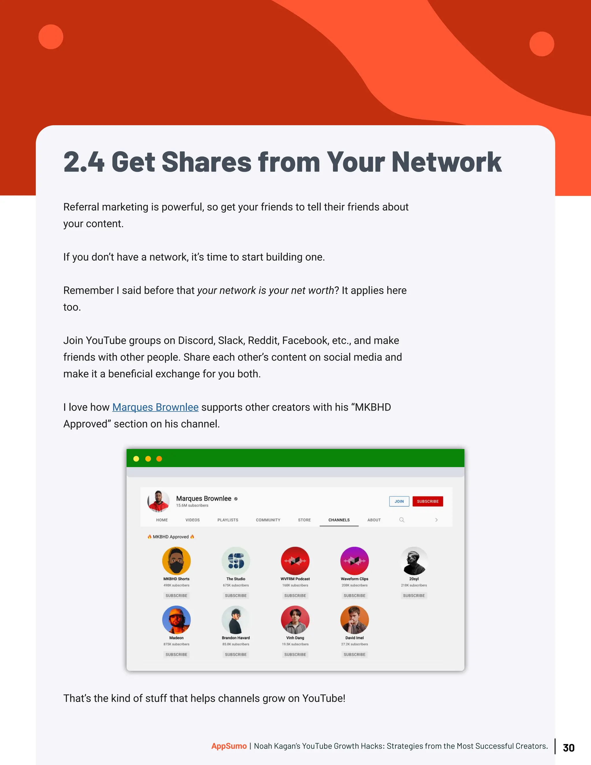 2.4 Get Shares from Your Network
Referral marketing is powerful, so get your friends to tell their friends about
your content.
If you don’t have a network, it’s time to start building one.
Remember I said before that your network is your net worth? It applies here
too.
Join YouTube groups on Discord, Slack, Reddit, Facebook, etc., and make
friends with other people. Share each other’s content on social media and
make it a beneficial exchange for you both.
I love how Marques Brownlee supports other creators with his “MKBHD
Approved” section on his channel.
That’s the kind of stuff that helps channels grow on YouTube!
30
AppSumo | Noah Kagan’s YouTube Growth Hacks: Strategies from the Most Successful Creators.
 