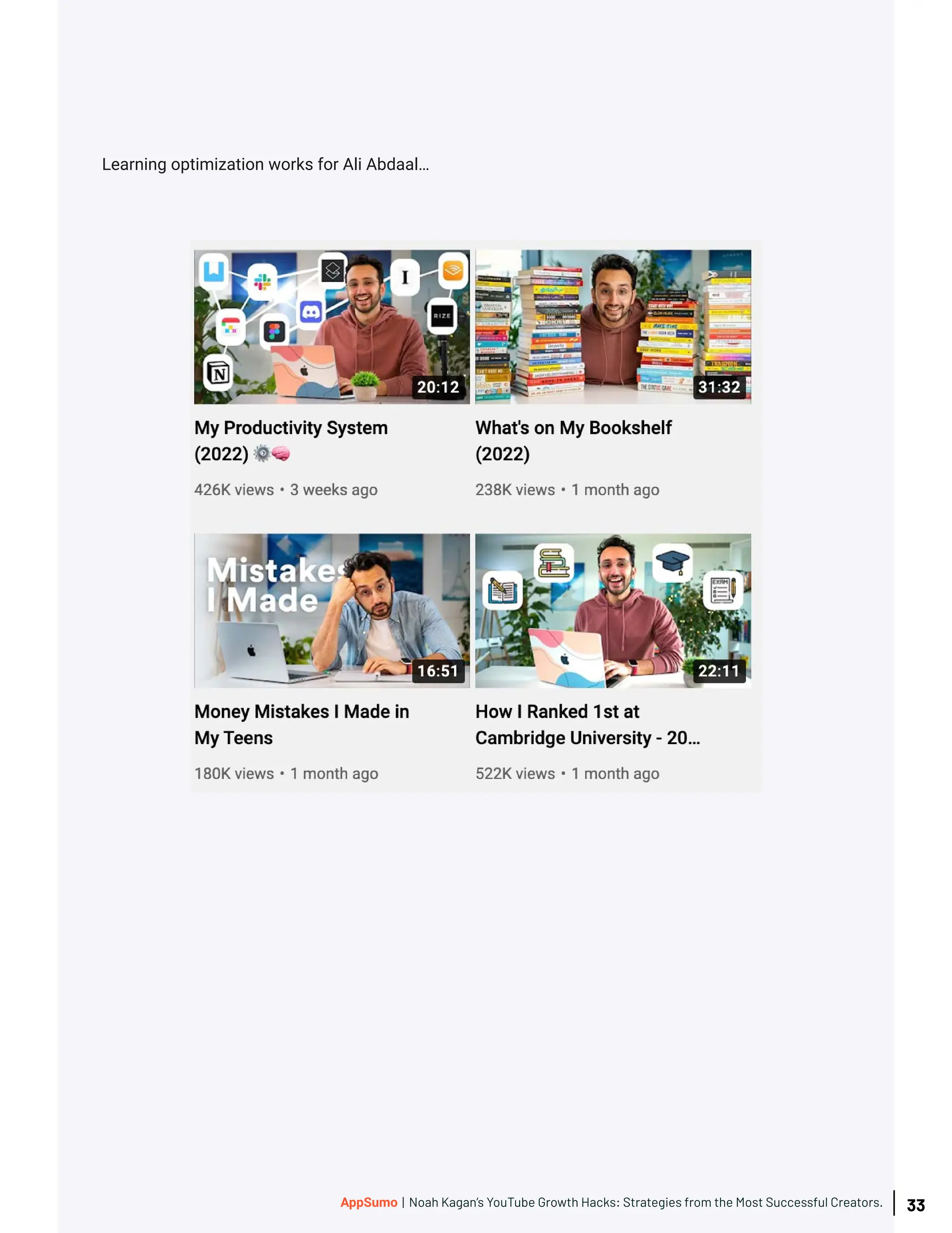 Learning optimization works for Ali Abdaal…
33
AppSumo | Noah Kagan’s YouTube Growth Hacks: Strategies from the Most Successful Creators.
 