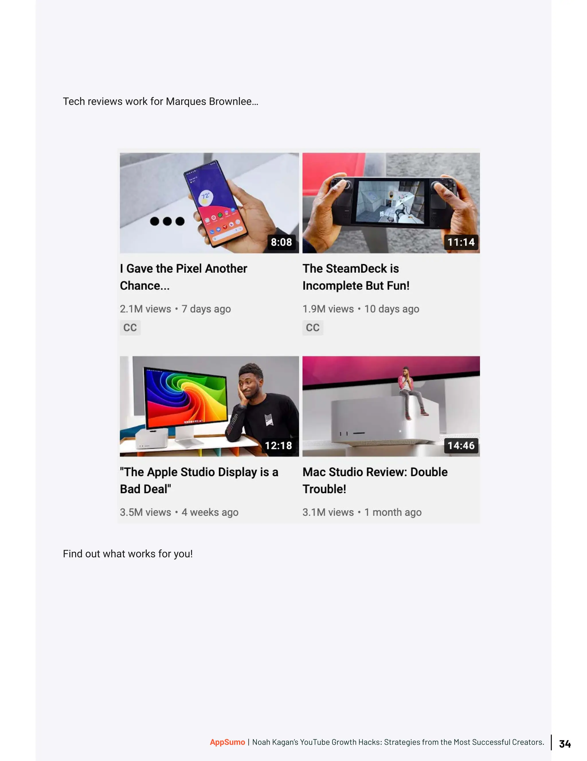 Tech reviews work for Marques Brownlee…
Find out what works for you!
34
AppSumo | Noah Kagan’s YouTube Growth Hacks: Strategies from the Most Successful Creators.
 