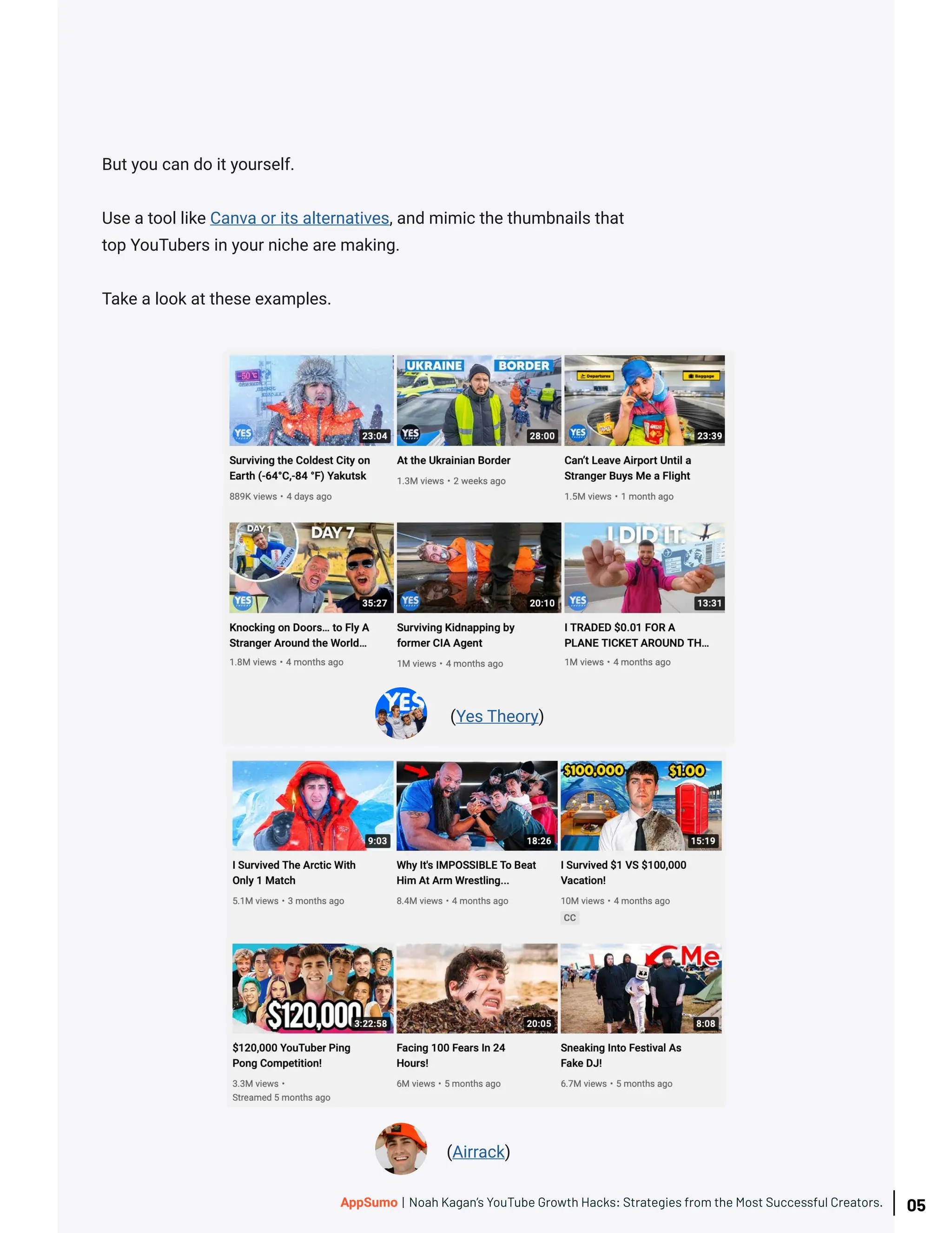 (Yes Theory)
(Airrack)
But you can do it yourself.
Use a tool like Canva or its alternatives, and mimic the thumbnails that
top YouTubers in your niche are making.
Take a look at these examples.
05
AppSumo | Noah Kagan’s YouTube Growth Hacks: Strategies from the Most Successful Creators.
 