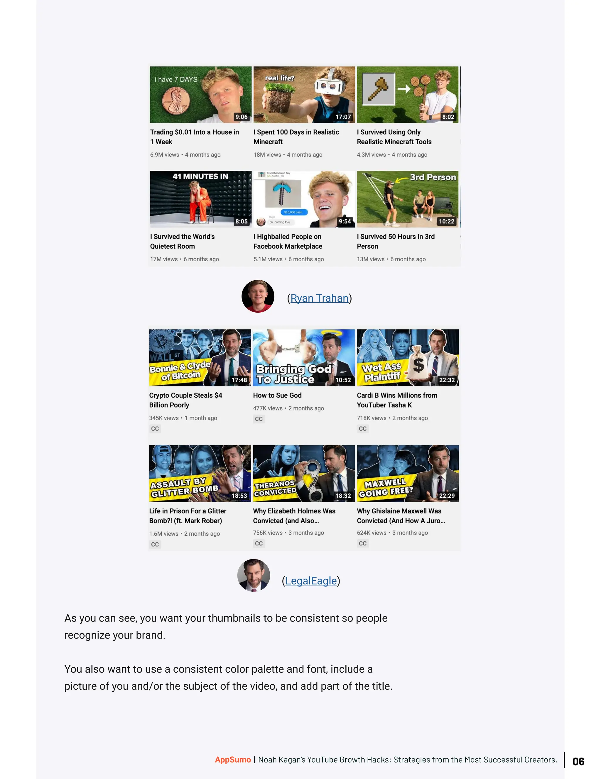 (Ryan Trahan)
(LegalEagle)
As you can see, you want your thumbnails to be consistent so people
recognize your brand.
You also want to use a consistent color palette and font, include a
picture of you and/or the subject of the video, and add part of the title.
06
AppSumo | Noah Kagan’s YouTube Growth Hacks: Strategies from the Most Successful Creators.
 