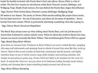 Tags: Person Pitch Artists Basic Channel Luomo Dettinger Wolfgang Voigt
Tags: Dance Music Structure Repetition
Tags: Beach Boys Brian Wilson
Tags: Brian Wilson Sampling
 