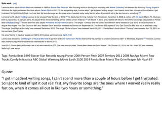 Tags: Panda Bear 1999 Soccer Star Records Young Prayer 2004 Person Pitch 2007 Tomboy 2011 2008 No Age Miami Paw
Tracks Comfy In Nautica ABC Global Warming Movie Earth 2100 2014 Panda Bear Meets The Grim Reaper Mr Noah EP
"I get impatient writing songs, I can't spend more than a couple of hours before I get frustrated.
So I got to kind of spit it out real fast. My favorite songs are the ones where I worked really really
fast on, when it comes all out in like two hours or something.”
Quote:
 
