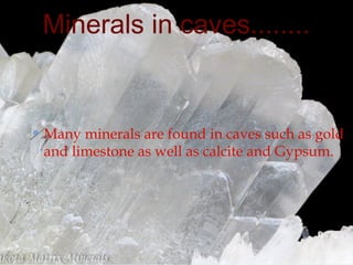 Minerals in caves........
Many minerals are found in caves such as gold
and limestone as well as calcite and Gypsum.
 