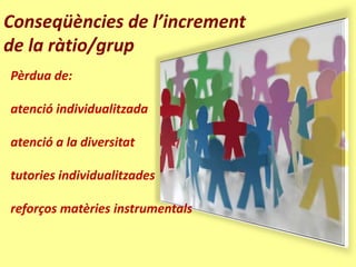 Conseqüències de l’increment
de la ràtio/grup
Pèrdua de:

atenció individualitzada

atenció a la diversitat

tutories individualitzades

reforços matèries instrumentals
 