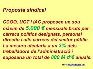 Proposta sindical

CCOO, UGT i IAC proposen un sou
màxim de 5.000 € mensuals bruts per
càrrecs polítics designats, personal
directiu i alts càrrecs del sector públic.
La mesura afectaria a un 3% dels
treballadors de l’administració i
suposaria un total de 800 M d’€ anuals.
                            Font: www.llibertat.cat
 