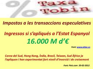 Impostos a les transaccions especulatives

Ingressos si s’apliqués a l’Estat Espanyol
                  16.000 M d’€
                                                       Font: www.attac.es


 Corea del Sud, Hong Kong, Índia, Brasil, Taiwan, Sud Àfrica ja
 l’apliquen i han experimentat fort nivell d’inversió i de creixement
                                                Font: País.com 20-02-2012
 