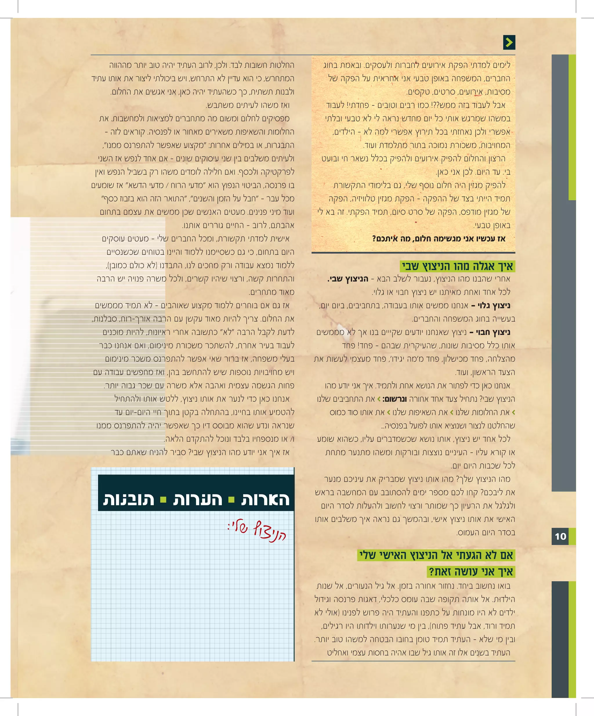 ‫החלטות חשובות לבד. ולכן, לרוב העתיד יהיה טוב יותר מההווה‬       ‫לימים למדתי הפקת אירועים לחברות ולעסקים. ובאמת בחוג‬
‫המתחרש, כי הוא עדיין לא התרחש, ויש ביכולתי ליצור את אותו עתיד‬               ‫החברים, המשפחה באופן טבעי אני אחראית על הפקה של‬
           ‫ולבנות תשתית, כך כשהעתיד יהיה כאן, אני אגשים את החלום.‬                                  ‫מסיבות, אירועים, סרטים, טקסים.‬
                                          ‫ואז משהו לעיתים משתבש.‬           ‫אבל לעבוד בזה ממש??! כמו רבים וטובים – פחדתי! לעבוד‬
    ‫מפסיקים לחלום ומשום מה מתחברים למציאות ולמחשבות. את‬                   ‫במשהו שמרגש אותי כל יום מחדש נראה לי לא טבעי ובלתי‬
        ‫החלומות והשאיפות משאירים מאחור או לפנסיה. קוראים לזה –‬               ‫אפשרי ולכן נאחזתי בכל תירוץ אפשרי למה לא – הילדים,‬
      ‫התבגרות, או במילים אחרות: "מקצוע שאפשר להתפרנס ממנו",‬                            ‫המחויבות, משכורת נמוכה בתור מתלמדת ועוד.‬
   ‫ולעיתים משלבים בין שני עיסוקים שונים – אם אחד לנפש אז השני‬            ‫הרצון והחלום להפיק אירועים ולהפיק בכלל נשאר חי ובועט‬
 ‫לפרקטיקה ולכסף. ואם חלילה לומדים משהו רק בשביל הנפש ואין‬                                                   ‫בי. עד היום. לכן אני כאן.‬
‫בו פרנסה, הביטוי הנפוץ הוא "מדעי הרוח / מדעי הדשא" אז שומעים‬                 ‫להפיק מגזין היה חלום נוסף שלי, גם בלימודי התקשורת‬
     ‫מכל עבר – "חבל על הזמן והשנים", "התואר הזה הוא בזבוז כסף"‬              ‫תמיד הייתי בצד של ההפקה – הפקת מגזין טלוויזיה, הפקה‬
    ‫ועוד מיני פנינים. מעטים האנשים שכן ממשים את עצמם בתחום‬             ‫של מגזין מודפס, הפקה של סרט סיום, תמיד הפקתי. זה בא לי‬
                                  ‫אהבתם, לרוב – החיים גוררים אותנו.‬                                                     ‫באופן טבעי.‬
     ‫אישית למדתי תקשורת, ומכל החברים שלי – מעטים עוסקים‬                                   ‫אז עכשיו אני מגשימה חלום, מה איתכם?‬
         ‫היום בתחום, כי גם כשסיימנו ללמוד והיינו בטוחים שכשנסיים‬
        ‫ללמוד נמצא עבודה ורק מחכים לנו, התבדנו (לא כולם כמובן),‬                                    ‫איך אגלה מהו הניצוץ שבי‬
  ‫והתחרות קשה, ורצוי שיהיו קשרים, ולכל משרה פנויה יש הרבה‬                  ‫אחרי שהבנו מהו הניצוץ, נעבור לשלב הבא – הניצוץ שבי.‬
                                                       ‫מאוד מתחרים.‬                       ‫לכל אחד ואחת מאיתנו יש ניצוץ חבוי או גלוי.‬
 ‫אז גם אם בוחרים ללמוד מקצוע שאוהבים – לא תמיד מממשים‬                   ‫ניצוץ גלוי - אנחנו ממשים אותו בעבודה, בתחביבים, ביום יום,‬
‫את החלום. צריך להיות מאוד עקשן עם הרבה אורך-רוח, סבלנות,‬                                                 ‫בעשייה בחוג המשפחה והחברים.‬
     ‫לדעת לקבל הרבה "לא" כתשובה אחרי ראיונות, להיות מוכנים‬             ‫ניצוץ חבוי – ניצוץ שאנחנו יודעים שקייים בנו אך לא מממשים‬
    ‫לעבוד בעיר אחרת, להשתכר משכורת מינימום, ואם אנחנו כבר‬                       ‫אותו כלל מסיבות שונות, שהעיקרית שבהם – פחד! פחד‬
        ‫בעלי משפחה, אז ברור שאי אפשר להתפרנס משכר מינימום‬             ‫מהצלחה, פחד מכישלון, פחד מ'מה יגידו', פחד מעצמי לעשות את‬
 ‫ויש מחויבויות נוספות שיש להתחשב בהן, ואז מחפשים עבודה עם‬                                                              ‫הצעד הראשון, ועוד.‬
       ‫פחות הגשמה עצמית ואהבה אלא משרה עם שכר גבוה יותר.‬                  ‫אנחנו כאן כדי לפתור את הנושא אחת ולתמיד. איך אני יודע מהו‬
             ‫אנחנו כאן כדי לנער את אותו ניצוץ, ללטש אותו ולהתחיל‬       ‫הניצוץ שבי? נתחיל צעד אחד אחורה ונרשום: > את התחביבים שלנו‬
             ‫להטמיע אותו בחיינו, בהתחלה בקטן בתוך חיי היום-יום עד‬           ‫> את החלומות שלנו > את השאיפות שלנו > את אותו סוד כמוס‬
  ‫שנראה ונדע שהוא מבוסס דיו כך שאפשר יהיה להתפרנס ממנו‬                                        ‫שהחלטנו לנצור ושנוציא אותו לפועל בפנסיה...‬
                             ‫ו/ או מנספחיו בלבד ונוכל להתקדם הלאה.‬     ‫לכל אחד יש ניצוץ, אותו נושא שכשמדברים עליו, כשהוא שומע‬
           ‫אז איך אני יודע מהו הניצוץ שבי? סביר להניח שאתם כבר‬            ‫או קורא עליו – העיניים נוצצות ובורקות ומשהו מתנער מתחת‬
                                                                                                                     ‫לכל שכבות היום יום.‬
                                                                          ‫מהו הניצוץ שלך? מהו אותו ניצוץ שמבריק את עיניכם מנער‬

   ‫הארות 0 הערות 0 תובנות‬                                             ‫את ליבכם? קחו לכם מספר ימים להסתובב עם המחשבה בראש‬
                                                                         ‫ולגלגל את הרעיון כך שמותר ורצוי לחשוב ולהעלות לסדר היום‬

                                            ‫צוץ שלי:‬                  ‫האישי את אותו ניצוץ אישי, ובהמשך גם נראה איך משלבים אותו‬
                                                           ‫הני‬                                                          ‫בסדר היום העמוס.‬    ‫01‬
                                                                                     ‫אם לא הגעתי אל הניצוץ האישי שלי‬
                                                                                                   ‫איך אני עושה זאת?‬
                                                                       ‫בואו נחשוב ביחד. נחזור אחורה בזמן. אל גיל הנעורים, אל שנות‬
                                                                      ‫הילדּות. אל אותה תקופה שבה עומס כלכלי, דאגות פרנסה וגידול‬
                                                                      ‫ילדים לא היו מונחות על כתפנו והעתיד היה פרוש לפנינו (אולי לא‬
                                                                        ‫תמיד ורוד, אבל עתיד פתוח), בין מי שנערותו וילדותו היו רגילים,‬
                                                                      ‫ובין מי שלא – העתיד תמיד טומן בחובו הבטחה למשהו טוב יותר.‬
                                                                          ‫העתיד בשנים אלו זה אותו גיל שבו אהיה בחסות עצמי ואחליט‬
 