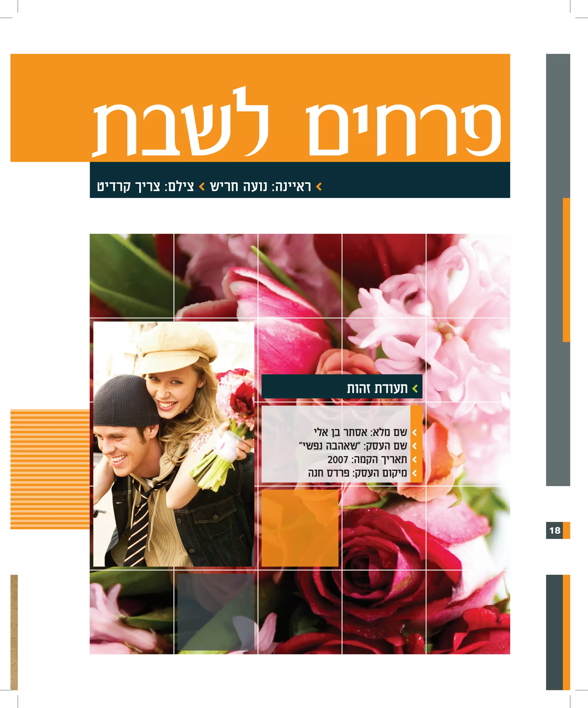 ‫פרחים לשבת‬
‫> ראיינה: נועה חריש > צילם: צריך קרדיט‬




                                           ‫> תעודת זהות‬

                                     ‫שם מלא: אסתר בן אלי‬   ‫>‬
                                  ‫שם העסק: "שאהבה נפשי"‬    ‫>‬
                                        ‫תאריך הקמה: 7002‬   ‫>‬
                                    ‫מיקום העסק: פרדס חנה‬   ‫>‬



                                                               ‫81‬
 