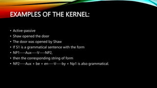 EXAMPLES OF THE KERNEL:
• Active-passive
• Shaw opened the door
• The door was opened by Shaw
• If S1 is a grammatical sentence with the form
• NP1----Aux----V----NP2,
• then the corresponding string of form
• NP2----Aux + be + en----V----by + Np1 is also grammatical.
 