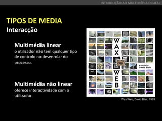 TIPOS DE MEDIA
Interacção
Multimédia linear
o utilizador não tem qualquer tipo
de controlo no desenrolar do
processo.
Multimédia não linear
oferece interactividade com o
utilizador.
INTRODUÇÃO AO MULTIMÉDIA DIGITAL
Wax Web, David Blair, 1993
 