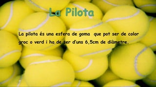 La pilota és una esfera de goma que pot ser de color
groc o verd i ha de ser d’uns 6,5cm de diàmetre.
 