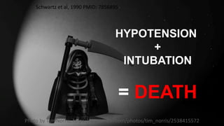 HYPOTENSION
+
INTUBATION
= DEATH
Photo by Tim Norris, https://www.flickr.com/photos/tim_norris/2538415572
Schwartz et al, ...