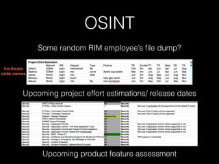 OSINT
Some random RIM employee’s ﬁle dump?
Upcoming product feature assessment
hardware
code names
Upcoming project effort estimations/ release dates
 