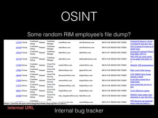 OSINT
• Body Level One
• Body Level Two
• Body Level Three
• Body Level Four
• Body Level Five
Some random RIM employee’s ﬁle dump?
Internal bug tracker
internal URL
 