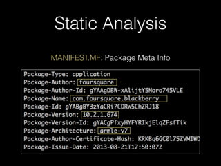 Static Analysis
MANIFEST.MF: Package Meta Info
 