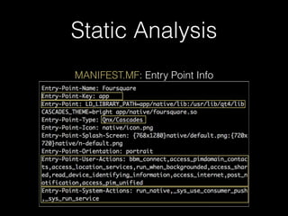 Static Analysis
MANIFEST.MF: Entry Point Info
 