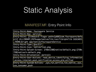 Static Analysis
MANIFEST.MF: Entry Point Info
 