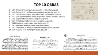1. 1829 Trío en sol menor para piano, violín y violonchelo, opus 8
2. 1830 Concierto nº 2 en fa menor para piano y orquesta, opus 21
3. 1831 Estudio en do menor para piano, opus 10 (El revolucionario)
4. 1831 Gran polonesa en mi bemol mayor para piano y orquesta, opus 22
5. 1835 Vals en la bemol mayor para piano, opus 69
6. 1839 Preludios en la bemol mayor para piano, opus 28.
7. 1839 Nocturno en sol mayor para piano, opus 37.
8. 1841 Balada en la bemol mayor para piano, opus 47.
9. 1841 Fantasía en fa menor/la bemol mayor para piano, opus 49.
10. 1849 Mazurca en fa menor para piano, opus 68.
TOP 10 OBRAS
 