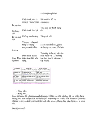 và Norepinephrine
Tuyến tụy
Kích thích, tiết ra
insulin và enzymes
Kích thích, tiết ra
glucagons
Cơ bọng
đái
Kích thích thắt lại
Thư giãn cơ thành bọng
đái
Tuyến mồ
hôi
Không ảnh hưởng Tăng mồ hôi
Bao tử
Tăng sự co bóp và
tăng số lượng
enzymes tiêu hóa
Mạch máu thắt lại, giảm
số lượng enzymes tiêu hóa
Hoạt động
nội tâm
Bình thản, thanh
thản, thư thái, yên
lặng.
Tỉnh táo, lo âu, sợ hãi, sân
hận, buồn vui … (những
trại thái tâm lý xúc cảm =
tùy miên).
1. Sóng não.
2. Sóng não.
Bằng điện não đồ (electroencephalogram, EEG), các nhà não học đã ghi nhận được
những loại điện thế (action potentials) từ bên trong các tế bào thần kinh não (neuron)
phát ra và truyền đi trong trục thần kinh não (axon). Dạng điện này được gọi là sóng
não.
Đo điện não đồ
 