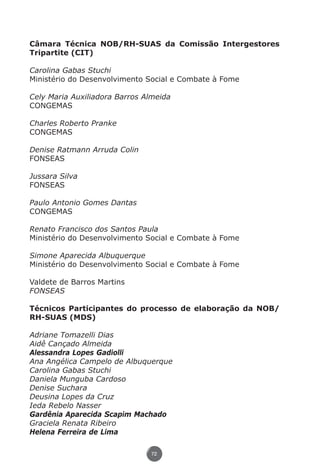 Câmara Técnica NOB/RH-SUAS da Comissão Intergestores
          Tripartite (CIT)

          Carolina Gabas Stuchi
          Ministério do Desenvolvimento Social e Combate à Fome

          Cely Maria Auxiliadora Barros Almeida
          CONGEMAS

          Charles Roberto Pranke
          CONGEMAS

          Denise Ratmann Arruda Colin
          FONSEAS

          Jussara Silva
          FONSEAS

          Paulo Antonio Gomes Dantas
          CONGEMAS

          Renato Francisco dos Santos Paula
          Ministério do Desenvolvimento Social e Combate à Fome

          Simone Aparecida Albuquerque
          Ministério do Desenvolvimento Social e Combate à Fome

          Valdete de Barros Martins
          FONSEAS

          Técnicos Participantes do processo de elaboração da NOB/
          RH-SUAS (MDS)

          Adriane Tomazelli Dias
          Aidê Cançado Almeida
          Alessandra Lopes Gadiolli
          Ana Angélica Campelo de Albuquerque
          Carolina Gabas Stuchi
          Daniela Munguba Cardoso
          Denise Suchara
          Deusina Lopes da Cruz
          Ieda Rebelo Nasser
          Gardênia Aparecida Scapim Machado
          Graciela Renata Ribeiro
          Helena Ferreira de Lima

                                         72




Livro_NOB-RH-16-4-2007.indd 72                                    17/7/2009 10:38:56
 