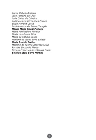 Jaime Rabelo Adriano
               Jose Ferreira da Crus
               Julia Galiza de Oliveira
               Juliana Maria Fernandes Pereira
               Lilian Moreira Costa
               Luziele Maria de Souza Tapajós
               Márcia Maria Biondi Pinheiro
               Maria Auxiliadora Pereira
               Maria das Dores Silva
               Maria de Fátima Souza
               Marlene de Jesus Silva Santos
               Maria José de Freitas
               Marlene de Fátima Azevedo Silva
               Patrícia Souza de Marco
               Renato Francisco dos Santos Paula
               Solange Stela Serra Martins




                                              73




Livro_NOB-RH-16-4-2007.indd 73                     17/7/2009 10:38:56
 