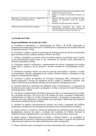 Organograma do órgão gestor da assistência social
Quadro de Pessoal em exercício
Portaria de criação da Secretaria Executiva do
CEAS
Elaboração do Relatório Anual do cumprimento do Cóp
Plano Estadual de Assistência Social Estadual de Assistência Social do exercício
anterior
ia do Relatório Anual de execução do Plano
Resolução do CEAS aprovando o relatório
Celebrar pacto de aprimoramento de gestão Instrumentos específicos dos pactos de
aprimoramento de gestão firmados entre Estados
e Governo Federal, pactuadas nas CIB e CIT;
2.4 Gestão da União
Responsabilidades da Gestão da União
a) Coordenar a formulação e a implementação da PNAS e do SUAS, observando as
propostas das Conferências Nacionais e as deliberações e competências do Conselho Nacional
ndo
sua universalização dentre todos os que necessitem de proteção social, observadas as
diretriz
rogramas de proteção
elecer regulação relativa aos pisos de proteção social básica e especial e as ações
ada - BPC, articulando-o aos
os benefícios eventuais, com
ias sociais;
) Formular diretrizes e participar das definições sobre o financiamento e o orçamento da
assistê al de
Assistência Social - FNAS;
Nac rvância às Leis 8.842,
de 4 de janeiro de 1994, e Lei 10.741, de 1º de
implementação do Plano de Gestão Intergove
parceria com outros Ministérios, apresentando
i) Articular às políticas socioeconômicas set
n tas ao
ã l de
Assistência Social, implementando-o em conjun
k) Apoiar técnica e financeiramente os estado
ogramas de pro
enfrentamento à pobreza e das ações assistenciais d
l) Propor diretrizes para a prestação de serviços is e pactuar as regulações
de Assistência Social - CNAS;
b) Coordenar e regular o acesso às seguranças de proteção social que devem ser garantidas
pela Assistência Social, conforme indicam a PNAS e esta NOB;
c) Definir as condições e o modo de acesso aos direitos relativos à assistência social, visa
a
es emanadas do CNAS;
d) Coordenar, regular e co-financiar a implementação de serviços e p
social básica e especial a fim de prevenir e reverter situações de vulnerabilidade social e
riscos;
e) Estab
correspondentes segundo competências dos estados, Distrito Federal e municípios no que
tange ao co-financiamento federal;
f) Coordenar a gestão do Benefício de Prestação Continu
demais programas e serviços da assistência social e regular
vistas à cobertura de necessidades advindas da ocorrência de contingênc
g
ncia social, assim como gerir, acompanhar e avaliar a execução do Fundo Nacion
h) Coordenar a implementação da Política ional do Idoso, em obse
outubro de 2003, e coordena a elaboração e
rnamental e da proposta orçamentária, em
para apreciação e deliberação dos Conselhos
Nacional da Assistência Social e do Idoso;
oriais com vistas à integração das políticas
sociais para o atendimento das demandas de proteção social e enfrentamento da pobreza;
mação da assistênj) Propor, pactuar e coordenar o sistema de i
planejamento, controle das ações e avaliaç
for cia social com vis
o dos resultados da Política Naciona
to com as demais esferas de governo;
s, o Distrito Federal e os municípios na
implementação dos serviços e pr teção social básica e especial, dos projetos de
e caráter emergencial;
socioassistencia
35
 