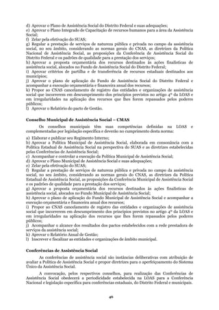 d) Aprovar o Plano de Assistência Social do Distrito Federal e suas adequações;
e) Aprovar o Plano Integrado de Capacitação de recursos humanos para a área da Assistência
Social;
f) Zela pela efetivação do SUAS;
a pública e privada no campo da assistência
s gerais do CNAS, as diretrizes da Política
Nacion
rviços;
ões finalísticas de
deral;
ais destinados aos
Assistência Social do Distrito Federal e
r a execução orçamentária e financeira anual dos recursos;
dades e organizações de assistência
social q
LOAS e
esta norma:
onsonância com a
es estabelecidas
de âmbito municipal.
feiçoamento do Sistema
.
r
g) Regular a prestação de serviços de naturez
social, no seu âmbito, considerando as norma
al de Assistência Social, as proposições da Conferência de Assistência Social do
Distrito Federal e os padrões de qualidade para a prestação dos se
h) Aprovar a proposta orçamentária dos recursos destinados às aç
trito Feassistência social, alocados no Fundo de Assistência Social do Dis
i) Aprovar critérios de partilha e de transferência de recursos estadu
municípios;
Aprovar o plano de aplicação do Fundo dej)
acompanha
k) Propor ao CNAS cancelamento de registro das enti
ue incorrerem em descumprimento dos princípios previstos no artigo 4º da LOAS e
em irregularidades na aplicação dos recursos que lhes forem repassados pelos poderes
públicos;
l) Aprovar o Relatório do pacto de Gestão.
Conselho Municipal de Assistência Social – CMAS
Os conselhos municipais têm suas competências definidas na
complementadas por legislação específica e deverão no cumprimento d
a) Elaborar e publicar seu Regimento Interno;
b) Aprovar a Política Municipal de Assistência Social, elaborada em c
cial na perspectiva do SUAS e as diretrizPolítica Estadual de Assistência So
pelas Conferências de Assistência Social;
c) Acompanhar e controlar a execução da Política Municipal de Assistência Social;
d) Aprovar o Plano Municipal de Assistência Social e suas adequações;
e) Zelar pela efetivação do SUAS;
f) Regular a prestação de serviços de natureza pública e privada no campo da assistência
social, no seu âmbito, considerando as normas gerais do CNAS, as diretrizes da Política
Estadual de Assistência Social, as proposições da Conferência Municipal de Assistência Social
e os padrões de qualidade para a prestação dos serviços;
g) Aprovar a proposta orçamentária dos recursos destinados às ações finalísticas de
assistência social, alocados no Fundo Municipal de Assistência Social;
h) Aprovar o plano de aplicação do Fundo Municipal de Assistência Social e acompanhar a
execução orçamentária e financeira anual dos recursos;
i) Propor ao CNAS cancelamento de registro das entidades e organizações de assistência
social que incorrerem em descumprimento dos princípios previstos no artigo 4º da LOAS e
em irregularidades na aplicação dos recursos que lhes forem repassados pelos poderes
públicos;
j) Acompanhar o alcance dos resultados dos pactos estabelecidos com a rede prestadora de
serviços da assistência social;
k) Aprovar o Relatório Anual de Gestão;
Inscrever e fiscalizar as entidades e organizaçõesl)
Conferências de Assistência Social
As conferências de assistência social são instâncias deliberativas com atribuição de
avaliar a Política de Assistência Social e propor diretrizes para o aper
Único da Assistência Social.
A convocação, pelos respectivos conselhos, para realização das Conferências de
Assistência Social obedecerá a periodicidade estabelecida na LOAS para a Conferência
Nacional e legislação específica para conferências estaduais, do Distrito Federal e municipais
46
 