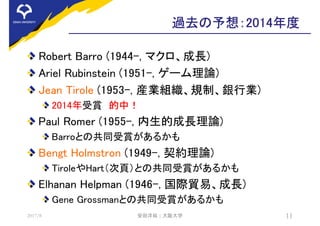 過去の予想：2014年度
Robert Barro (1944-, マクロ、成長)
Ariel Rubinstein (1951-, ゲーム理論)
Jean Tirole (1953-, 産業組織、規制、銀行業)
2014年受賞 的中！
Paul Romer (1955-, 内生的成長理論)
Barroとの共同受賞があるかも
Bengt Holmstron (1949-, 契約理論)
TiroleやHart（次頁）との共同受賞があるかも
Elhanan Helpman (1946-, 国際貿易、成長)
Gene Grossmanとの共同受賞があるかも
2017/8 安田洋祐 | 大阪大学 11
 