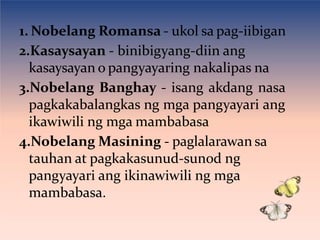1. Nobelang Romansa - ukol sa pag-iibigan
2.Kasaysayan - binibigyang-diin ang
kasaysayan o pangyayaring nakalipas na
3.Nobelang Banghay - isang akdang nasa
pagkakabalangkas ng mga pangyayari ang
ikawiwili ng mga mambabasa
4.Nobelang Masining - paglalarawan sa
tauhan at pagkakasunud-sunod ng
pangyayari ang ikinawiwili ng mga
mambabasa.
 