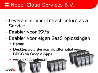 Nobel Cloud Services B.V.Leverancier voor Infrastructure as a ServiceEnabler voor ISV’sEnabler voor eigen SaaS oplossingenEponaDesktop as a Service als alternatief voor BPOS en Google Appswww.exact-online.nl