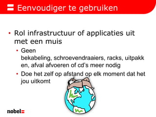 EenvoudigertegebruikenRol infrastructuur of applicaties uit met een muisGeen bekabeling, schroevendraaiers, racks, uitpakken, afval afvoeren of cd’s meer nodigDoe het zelf op afstand op elk moment dat het jou uitkomt