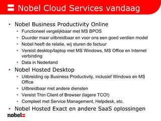 Nobel Cloud Services vandaag<br />Nobel Business Productivity Online<br />Functioneel vergelijkbaar met MS BPOS<br />Duurd...