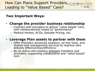 How Can Plans Support Providers,
Leading to “Value Based” Care?

Two Important Ways:

• Change the provider business relationship
  – Contract with providers to deliver “value based” care,
    with reimbursement linked to “performance”
  – Medical Homes, ACOs, Episode Pricing, etc.

• Leverage Plan assets to partner with them
  – Offer Providers advanced analytics, on-line tools, and
    shared care management services to improve care
    delivery effectiveness/efficiency
  – Be an active info-mediary between members and
    providers, supporting collaborative and “value-based”
    care
 