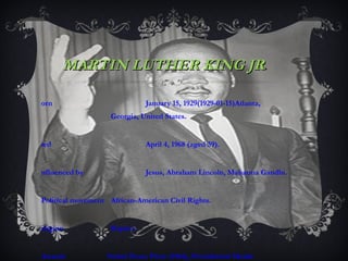 MARTIN LUTHER KING JR . Born  January 15, 1929(1929-01-15)Atlanta,  Georgia, United States. Died  April 4, 1968 (aged 39). influenced by  Jesus, Abraham Lincoln, Mahatma Gandhi. Political movement  African-American Civil Rights. Religion  Baptist. Awards    Nobel Peace Prize (1964), Presidential Medal  of Freedom (1977), Congressional Gold Medal  (2004,). 