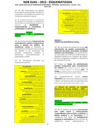 NOB SUAS – 2012 - ESQUEMATIZADA
PROF. RAVAN LEÃO LISTA DE TRANSMISSÃO 061985098888 – INSTAGRAN - @profravanleao – Youtube – Prof.
Ravan Leão
11
Art. 44. São instrumentos da gestão
financeira e orçamentária do SUAS o
orçamento da assistência social e os
fundos de assistência social.
Art. 45. A gestão financeira e orçamentária
da assistência social implica na observância
dos princípios da administração pública, em
especial: a legalidade, a
impessoalidade, a moralidade, a
publicidade e a eficiência.
SEÇÃO I
ORÇAMENTO DA ASSISTÊNCIA
SOCIAL
Art. 46. O orçamento é instrumento da
administração pública indispensável
para a gestão da política de
assistência social e expressa o
planejamento financeiro das funções
de gestão e da prestação de
serviços, programas, projetos e
benefícios socioassistenciais à
população usuária.
Art. 47. Constituem princípios do
orçamento público:
1. - anualidade: o orçamento público
deve ser elaborado pelo período de um ano,
coincidente com o ano civil;
2. - clareza: o orçamento público deve ser
apresentado em linguagem clara e
compreensível a todos;
3. - especialidade:asreceitaseas
despesasdevemconstardemaneira
discriminada, pormenorizando a origem dos
recursos e a sua aplicação;
4. - exclusividade:o orçamentopúblico
nãodevecontermatériaestranhaàprevisão da
receita e à fixação da despesa, ressalvadas
as exceções legais;
5. - legalidade: a arrecadação de
receitas e a execução de despesas pelo
setor público devem ser precedidas de
expressa autorização legislativa;
6. - publicidade: deve ser permitido o
amplo acesso da sociedade a todas as
informações relativas ao orçamento público;
7. - unidade: o orçamento público deve ser
elaborado com base numa mesma política
orçamentária,estruturadodemodouniforme,
sendovedadatodaforma de orçamentos
paralelos;
8. - universalidade: todas as receitas
e despesas devem ser incluídas na lei
orçamentária;
9. - equilíbrio:o orçamento público deve
possuir equilíbrio financeiro entre receita e
despesa;
10. - exatidão: as estimativas
orçamentárias devem ser tão exatas
quanto possível, a fim de se dotar o
orçamento da consistência necessária,
para que possa ser empregado como
instrumento de gerência, programação
e controle;
11. - flexibilidade: possibilidade de ajuste na
execução do orçamento público às
contingências operacionais e à
disponibilidade efetiva de recursos;
12. - programação: o orçamento público
deve expressar o programa de trabalho
detalhadoconcernenteàatuaçãodosetor
públicoduranteaexecuçãoorçamentária;
13. - regionalização: o orçamentopúblico
deve ser elaborado sobre a baseterritorial
como maiorníveldeespecificação
possível,deformaareduzir as
desigualdades inter-regionais, segundo
critério populacional.
SEÇÃO II
FUNDOS DE ASSISTÊNCIA SOCIAL
Art. 48. Os fundos de assistência social são
instrumentos de gestão orçamentária e
financeira da União, dos Estados, do Distrito
Federal e dos Municípios, nos quais devem
ser alocadas as receitas e executadas as
despesas relativas ao conjunto de ações,
serviços, programas, projetos e benefícios
de assistência social.
§1º Cabe ao órgão da administração
pública responsável pela coordenação
da Política de Assistência Social na União, nos
Estados, no Distrito Federal e nos Municípios gerir o
Fundo de Assistência Social, sob orientação e controle
dos respectivos Conselhos de Assistência Social.
§2º Caracterizam-se como fundos
especiais e se constituem em unidades orçamentárias
e gestoras, na forma da Lei nº 4.320, de 17 de março de 1964,
cabendo o seu gerenciamento aos órgãos responsáveis
pela coordenação da política de assistência social.
§3º Devem ser inscritos no Cadastro
Nacional de Pessoa Jurídica - CNPJ, na
condição de Matriz, na forma das Instruções Normativas
da Receita Federal do Brasil em vigor, com o intuito de
assegurar maior transparência na identificação e no
controle das contas a eles vinculadas, sem, com isso,
caracterizar autonomia administrativa e de gestão.
SEÇÃO III
COFINANCIAMENTO NO SISTEMA ÚNICO
DE ASSISTÊNCIA SOCIAL
Art. 50. O modelo de gestão preconizado
pelo SUAS prevê o financiamento
compartilhado entre a União, os Estados, o
Distrito Federal e os Municípios e é
viabilizado por meio de transferências
regulares e automáticas entre os fundos de
assistência social, observando-se a
 