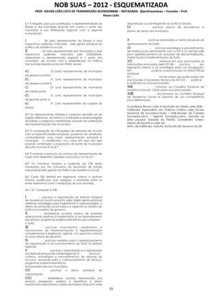 NOB SUAS – 2012 - ESQUEMATIZADA
PROF. RAVAN LEÃO LISTA DE TRANSMISSÃO 061985098888 – INSTAGRAN - @profravanleao – Youtube – Prof.
Ravan Leão
15
§1º É requisito para sua constituição a representatividade do
Estado e dos municípios, levando em conta o porte dos
municípios e sua distribuição regional, com a seguinte
composição:
I - 06 (seis) representantes do Estado e seus
respectivos suplentes, indicados pelo gestor estadual da
política de assistência social;
II - 06 (seis) representantes dos Municípios e seus
respectivos suplentes, indicados pelo COEGEMAS,
observando a representação regional e o porte dos
municípios, de acordo com o estabelecido na Política
NacionaldeAssistênciaSocial-PNAS, sendo:
a) 02 (dois) representantes de municípios
de pequeno porte I;
b) 01 (um) representante de municípios
de pequeno porte II;
c) 01 (um) representante de municípios
de médio porte;
d) 01 (um) representante de municípios
de grande porte; e
e) 01 (um) representante da capital do
Estado.
§2º Os representantes titulares e suplentes deverão ser de
regiões diferentes, de forma a contemplarasdiversasregiões
do Estado, e observar a rotatividade, quando da substituição
das representações dos municípios.
§3º A composição da CIB poderá ser alterada de acordo
com as especificidades estaduais, podendo ser ampliada,
contemplando uma maior representação estadual e
municipal, e modificada, nos casos em que não seja
possível contemplar a proporção de porte de municípios
descrita no inciso II do §1º.
§4º É vedada a redução do número de representantes de
cada ente federativo definido nos incisos I e II do §1º.
§5º Os membros titulares e suplentes da CIB serão
nomeados por ato normativo do Secretário de Estado
responsável pela gestão da Política de Assistência Social.
§6º Cada CIB definirá em regimento interno o quórum
mínimo qualificado que assegure a paridade entre os
entes federativos para a realização de suas reuniões.
Art. 137. Compete à CIB:
I - pactuar a organização do Sistema Estadual
de Assistência Social proposto pelo órgão gestor estadual,
definindo estratégias para implementar e operacionalizar a
oferta da proteção social básica e especial no âmbito do
SUAS na sua esfera de governo;
II - estabelecer acordos acerca de questões
operacionais relativas à implantação e ao aprimoramento
dosserviços,programas,projetosebenefíciosquecompõem
o SUAS;
III - pactuar instrumentos, parâmetros e
mecanismos de implementação e regulamentação
complementar à legislação vigente, nos aspectos comuns
às duas esferas de governo;
IV - pactuar medidas para o aperfeiçoamento
da organização e do funcionamento do SUAS no âmbito
regional;
V - pactuar a estruturação e a organização
daofertadeserviçosde caráterregional; VI - pactuar
critérios, estratégias e procedimentos de repasse de
recursos estaduais para o cofinanciamento de serviços,
programas,projetosebenefícios
socioassistenciais aos municípios;
VII - pactuar o plano estadual de
capacitação;
VIII - estabelecer acordos relacionados aos
serviços, programas, projetos e benefícios a serem
implantados pelo Estado e pelos Municípios enquanto rede
deproteção social integrante do SUAS no Estado;
IX - pactuar planos de providência e
planos de apoio aos municípios;
X pactuar prioridades e metas estaduais de
aprimoramento do SUAS;
XI - pactuar estratégias e procedimentos
de interlocução permanente com a CIT e as demais CIBs
para aperfeiçoamento do processo de descentralização,
implantação e implementação do SUAS;
XII - observar em suas pactuações as
orientações emanadas pela CIT; XIII - pactuar seu
regimento interno e as estratégias para sua divulgação;
XIV - publicar as pactuações no Diário Oficial
estadual;
XV - enviar cópia das publicações das
pactuações à Secretaria Técnica da CIT; XVI - publicar
e publicizar as suas pactuações;
XVII - informar ao Conselho Estadual de
Assistência Social - CEAS sobre suas pactuações;
XVIII - encaminhar ao Conselho Estadual
de Assistência Social os assuntos de sua competência
para deliberação.
O professor Ravan Leão é Bacharel em Direito pelo IESB –
Ceilândia; Especialista em Políticas Pública pela Escola
Nacional de Socioeducação – UNB.Servidor da Carreira
Socioeducativa – Agente Socioeducativo, atuante na
área popular: Soldado da PMMG. Conselheiro Tutelar,
Gestor de Esporte e Lazer da
Adm. de Ceilândia; instrutor da Escola de Governo do DF.
.
 