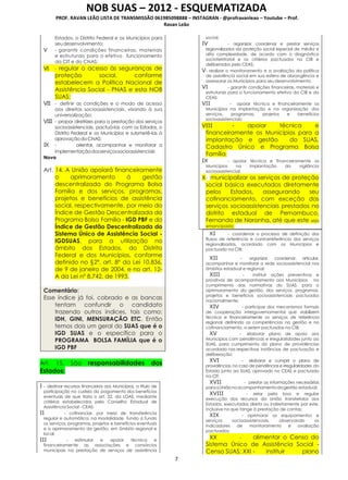 NOB SUAS – 2012 - ESQUEMATIZADA
PROF. RAVAN LEÃO LISTA DE TRANSMISSÃO 061985098888 – INSTAGRAN - @profravanleao – Youtube – Prof.
Ravan Leão
7
Estados, o Distrito Federal e os Municípios para
seudesenvolvimento;
V - garantir condições financeiras, materiais
e estruturais para o efetivo funcionamento
da CIT e do CNAS;
VI - regular o acesso às seguranças de
proteção social, conforme
estabelecem a Política Nacional de
Assistência Social - PNAS e esta NOB
SUAS;
VII - definir as condições e o modo de acesso
aos direitos socioassistenciais, visando à sua
universalização;
VIII - propor diretrizes para a prestação dos serviços
socioassistenciais, pactuá-las com os Estados, o
Distrito Federal e os Municípios e submetê-las à
aprovaçãodoCNAS;
IX - orientar, acompanhar e monitorar a
implementaçãodosserviçossocioassistenciais
Nova
Art. 14. A União apoiará financeiramente
o aprimoramento à gestão
descentralizada do Programa Bolsa
Família e dos serviços, programas,
projetos e benefícios de assistência
social, respectivamente, por meio do
Índice de Gestão Descentralizada do
Programa Bolsa Família - IGD PBF e do
Índice de Gestão Descentralizada do
Sistema Único de Assistência Social -
IGDSUAS, para a utilização no
âmbito dos Estados, do Distrito
Federal e dos Municípios, conforme
definido no §2º, art. 8º da Lei 10.836,
de 9 de janeiro de 2004, e no art. 12-
A da Lei nº 8.742, de 1993.
Comentário:
Esse índice já foi, cobrado e as bancas
tentam confundir o candidato
trazendo outros índices, tais como:
IDH, GINI, MENSURAÇÃO ETC. Então
temos dois um geral do SUAS que é o
IGD SUAS e o específico para o
PROGRAMA BOLSA FAMÍLIA que é o
IGD PBF
Art. 15. São responsabilidades dos
Estados:
I - destinar recursos financeiros aos Municípios, a título de
participação no custeio do pagamento dos benefícios
eventuais de que trata o art. 22, da LOAS, mediante
critérios estabelecidos pelo Conselho Estadual de
Assistência Social - CEAS;
II - cofinanciar, por meio de transferência
regular e automática, na modalidade fundo a fundo
os serviços, programas, projetos e benefícios eventuais
e o aprimoramento da gestão, em âmbito regional e
local;
III - estimular e apoiar técnica e
financeiramente as associações e consórcios
municipais na prestação de serviços de assistência
social;
IV - organizar, coordenar e prestar serviços
regionalizados da proteção social especial de média e
alta complexidade, de acordo com o diagnóstico
socioterritorial e os critérios pactuados na CIB e
deliberados pelo CEAS;
V- realizar o monitoramento e a avaliação da política
de assistência social em sua esfera de abrangência e
assessorar os Municípios para seu desenvolvimento;
VI - garantir condições financeiras, materiais e
estruturais para o funcionamento efetivo da CIB e do
CEAS;
VII - apoiar técnica e financeiramente os
Municípios na implantação e na organização dos
serviços, programas, projetos e benefícios
socioassistenciais;
VIII - apoiar técnica e
financeiramente os Municípios para a
implantação e gestão do SUAS,
Cadastro Único e Programa Bolsa
Família;
IX - apoiar técnica e financeiramente os
Municípios na implantação da vigilância
socioassistencial;
X- municipalizar os serviços de proteção
social básica executados diretamente
pelos Estados, assegurando seu
cofinanciamento, com exceção dos
serviços socioassistenciais prestados no
distrito estadual de Pernambuco,
Fernando de Noronha, até que este seja
emancipado;
XI - coordenar o processo de definição dos
fluxos de referência e contrarreferência dos serviços
regionalizados, acordado com os Municípios e
pactuado na CIB;
XII - organizar, coordenar, articular,
acompanhar e monitorar a rede socioassistencial nos
âmbitos estadual e regional;
XIII - instituir ações preventivas e
proativas de acompanhamento aos Municípios no
cumprimento das normativas do SUAS, para o
aprimoramento da gestão, dos serviços, programas,
projetos e benefícios socioassistenciais pactuados
nacionalmente;
XIV - participar dos mecanismos formais
de cooperação intergovernamental que viabilizem
técnica e financeiramente os serviços de referência
regional, definindo as competências na gestão e no
cofinanciamento, a serem pactuadas na CIB;
XV - elaborar plano de apoio aos
Municípios com pendências e irregularidades junto ao
SUAS, para cumprimento do plano de providências
acordado nas respectivas instâncias de pactuação e
deliberação;
XVI - elaborar e cumprir o plano de
providências, no caso de pendências e irregularidades do
Estado junto ao SUAS, aprovado no CEAS e pactuado
na CIT;
XVII - prestar as informações necessárias
paraaUniãonoacompanhamentodagestão estadual;
XVIII - zelar pela boa e regular
execução dos recursos da União transferidos aos
Estados, executados direta ou indiretamente por este,
inclusive no que tange à prestação de contas;
XIX - aprimorar os equipamentos e
serviços socioassistenciais, observando os
indicadores de monitoramento e avaliação
pactuados;
XX - alimentar o Censo do
Sistema Único de Assistência Social -
Censo SUAS; XXI - instituir plano
 