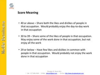 Score Meaning


• 40 or above – Share both the likes and dislikes of people in
  that occupation. Would probably enjoy the day-to-day work
  in that occupation

• 30 to 39 – Share some of the likes of people in that occupation.
  May enjoy some of the work done in that occupation, but not
  enjoy all the work

• 29 or below – Have few likes and dislikes in common with
  people in that occupation. Would probably not enjoy the work
  done in that occupation




                                     Douglas W. Bush, M.A.
       Call: 917-686-3684 - E-Mail: dwbush@aol.com - On-line: http://www.douglaswbush.com
 