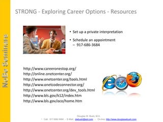 STRONG - Exploring Career Options - Resources


                                     • Set up a private interpretation

                                     • Schedule an appointment
                                       – 917-686-3684




   http://www.careeronestop.org/
   http://online.onetcenter.org/
   http://www.onetcenter.org/tools.html
   http://www.onetcodeconnector.org/
   http://www.onetcenter.org/dev_tools.html
   http://www.bls.gov/k12/index.htm
   http://www.bls.gov/oco/home.htm


                                           Douglas W. Bush, M.A.
             Call: 917-686-3684 - E-Mail: dwbush@aol.com - On-line: http://www.douglaswbush.com
 