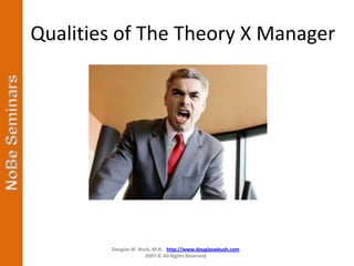 Qualities of The Theory X Manager




        Douglas W. Bush, M.A. http://www.douglaswbush.com
                     2007 © All Rights Reserved
 